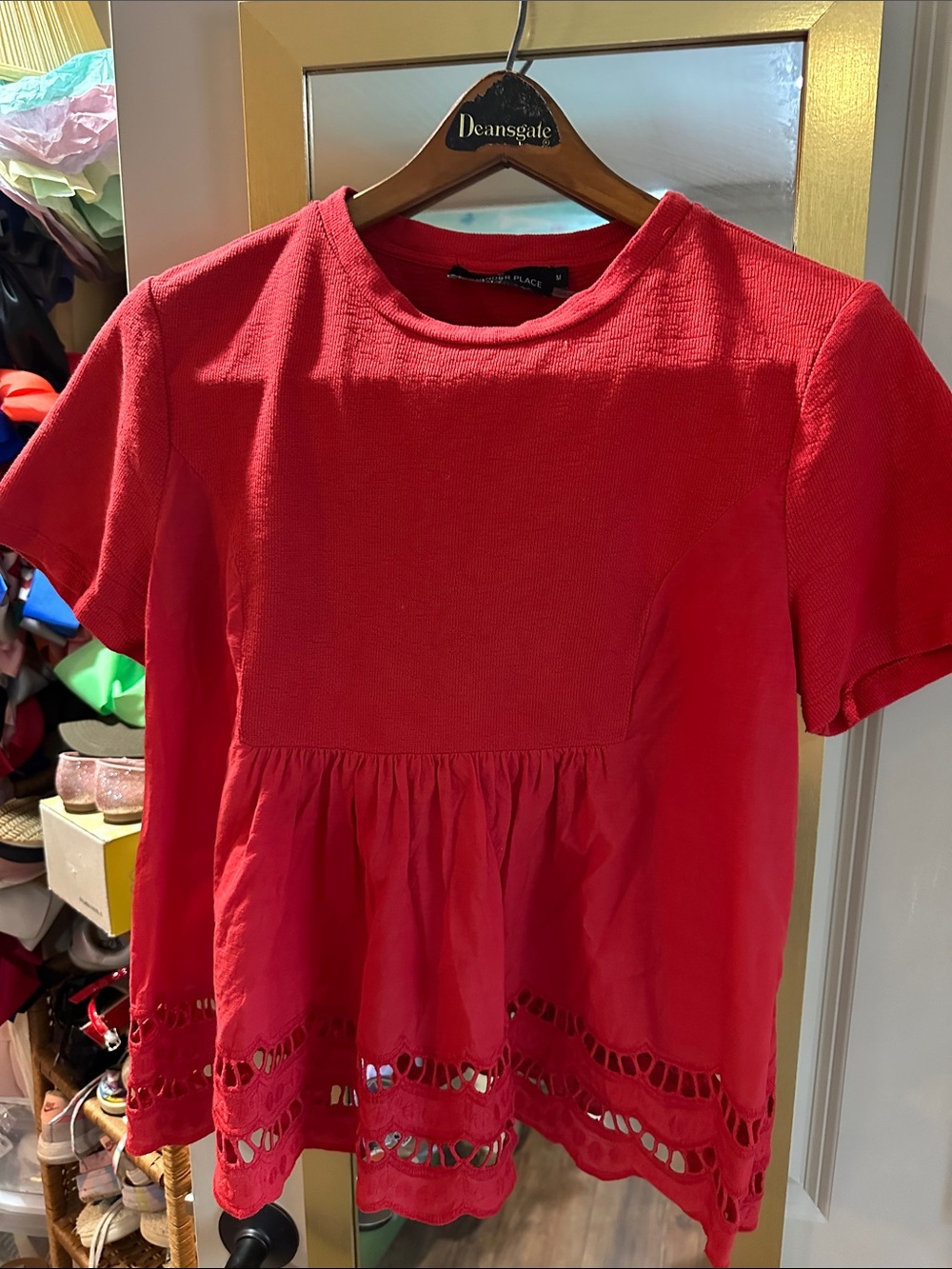Tuckernuck Pomander Place Red Short Sleeve Peplum Top with Eyelet Hem